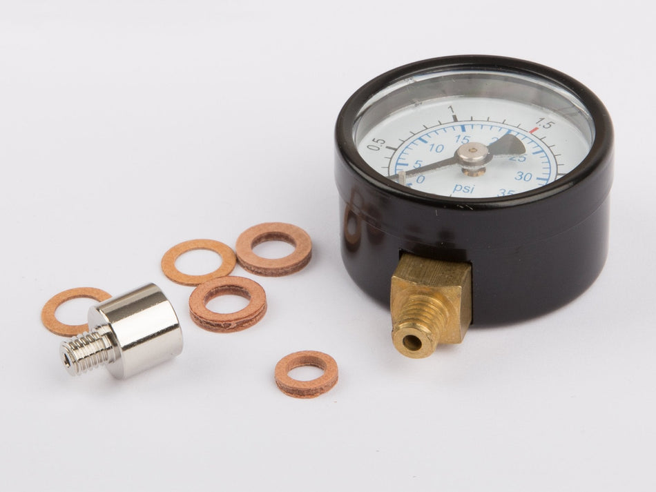 Manometer with connection on the botton, M6, 30 mm diameter, incl. adapter 01529 for Wilesco D 18, 20, 22, 141, 430, T 125