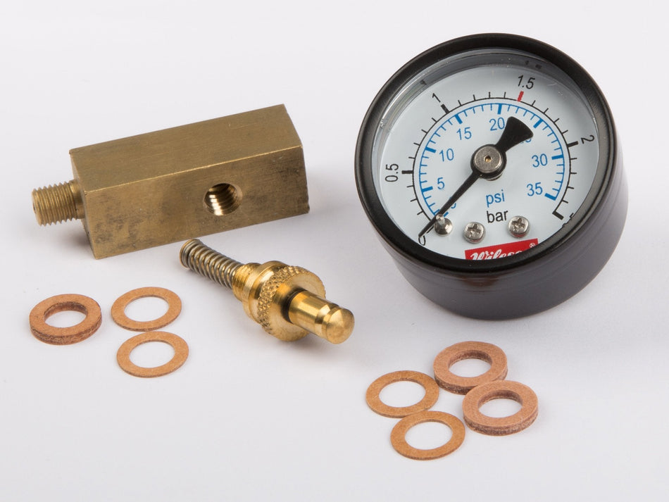 Manometer base, brass, 12 x 12 mm, thread connecting piece M6 x 0,75, spring loaded valve and manometer for Wilesco D 15, 21, 320