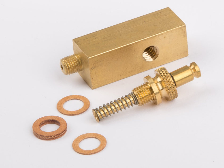 Wilesco 01937 Manometer base brass, 12 x 12 mm inside thread above M6 x 0,75, lateral M6 with spring loaded safety valve 01514 and sealing rings for Wilesco D 15, 21, 320